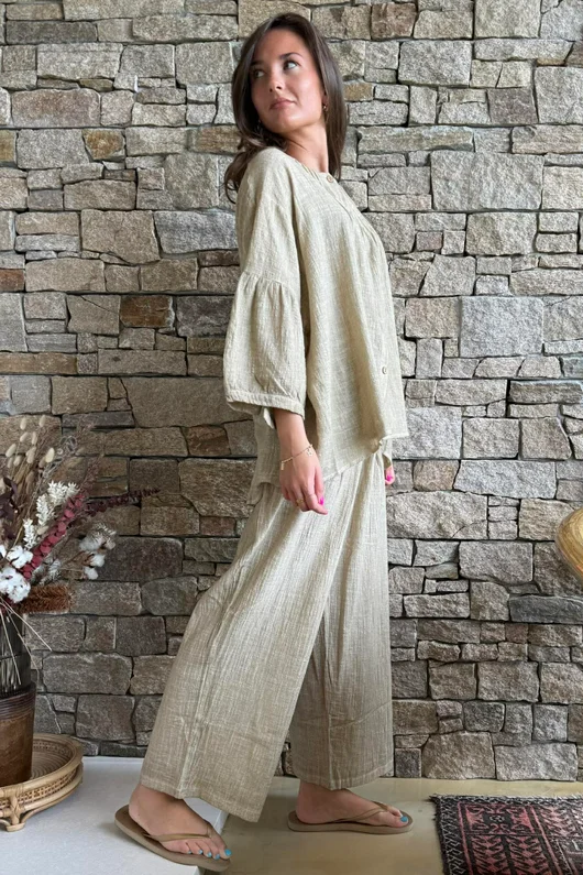 Loom & Thread Pin Tuck Blouse Washed Oat /40=